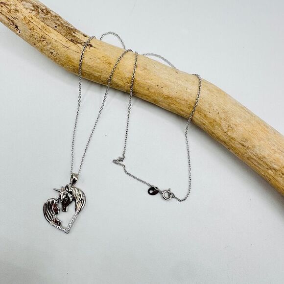 Horse With Girl & Heart CZ Sterling Silver Necklace - Picture 4 of 7